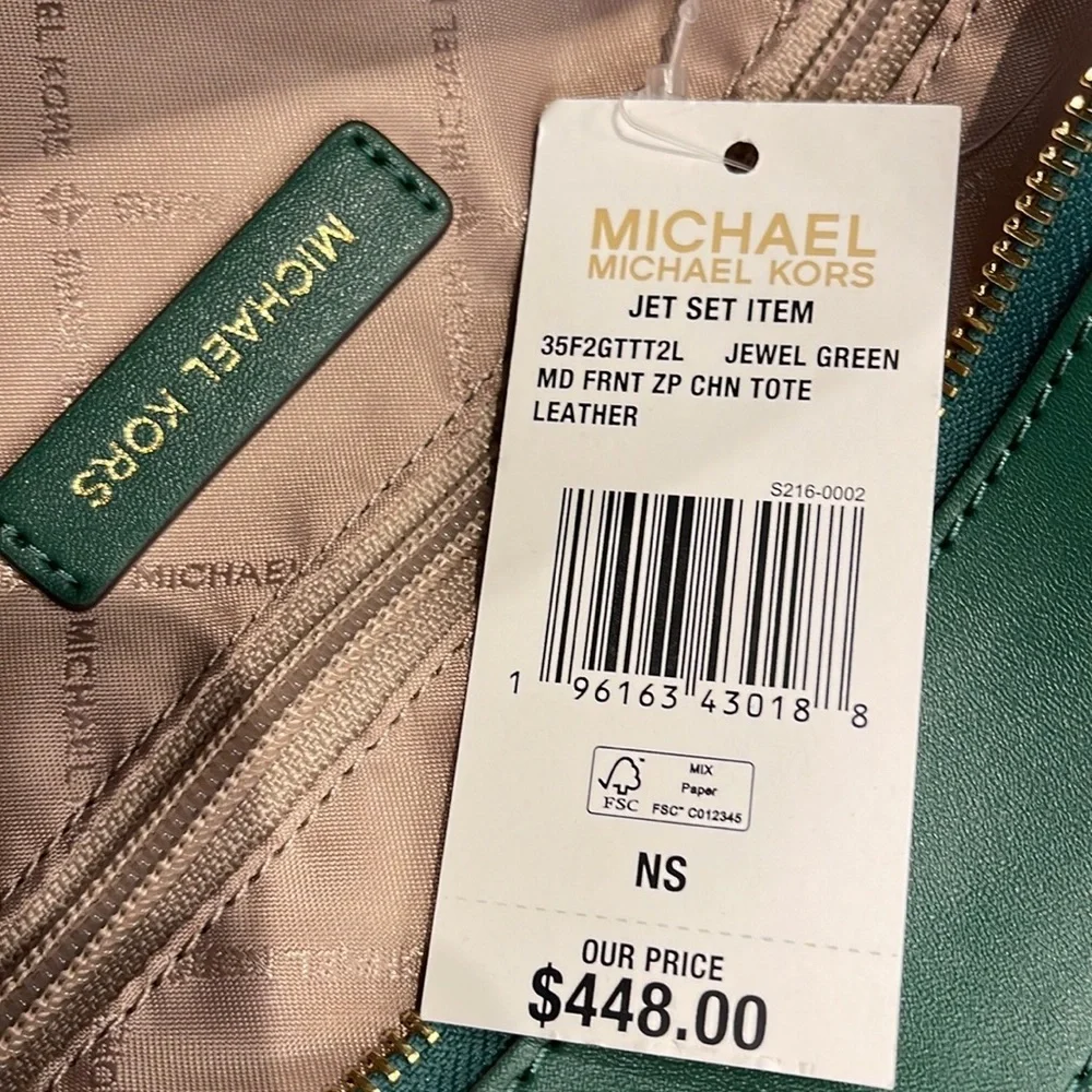 MICHAEL KORS Jet Set Medium Front Zip Pebbled Leather Chain Tote Bag Jewel Green